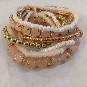 Elegant Gold and Cream Beaded Bracelet Set